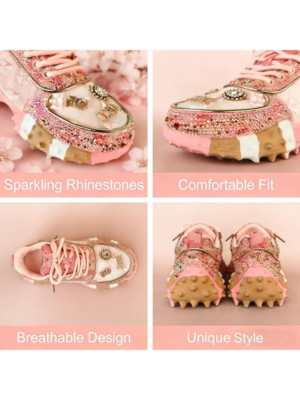 Women's Pink Fashion Bling Rhinestone Glitter Chunky Comfort Casual Sneakers - Picture 5 of 6